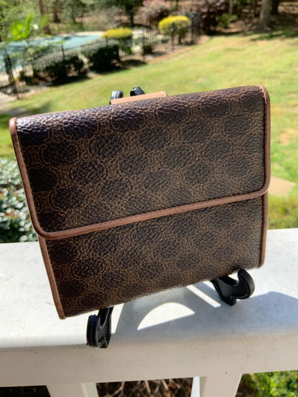Celine Brown Patterned Leather Compact Wallet with Tan Trim - Picture 6 of 16